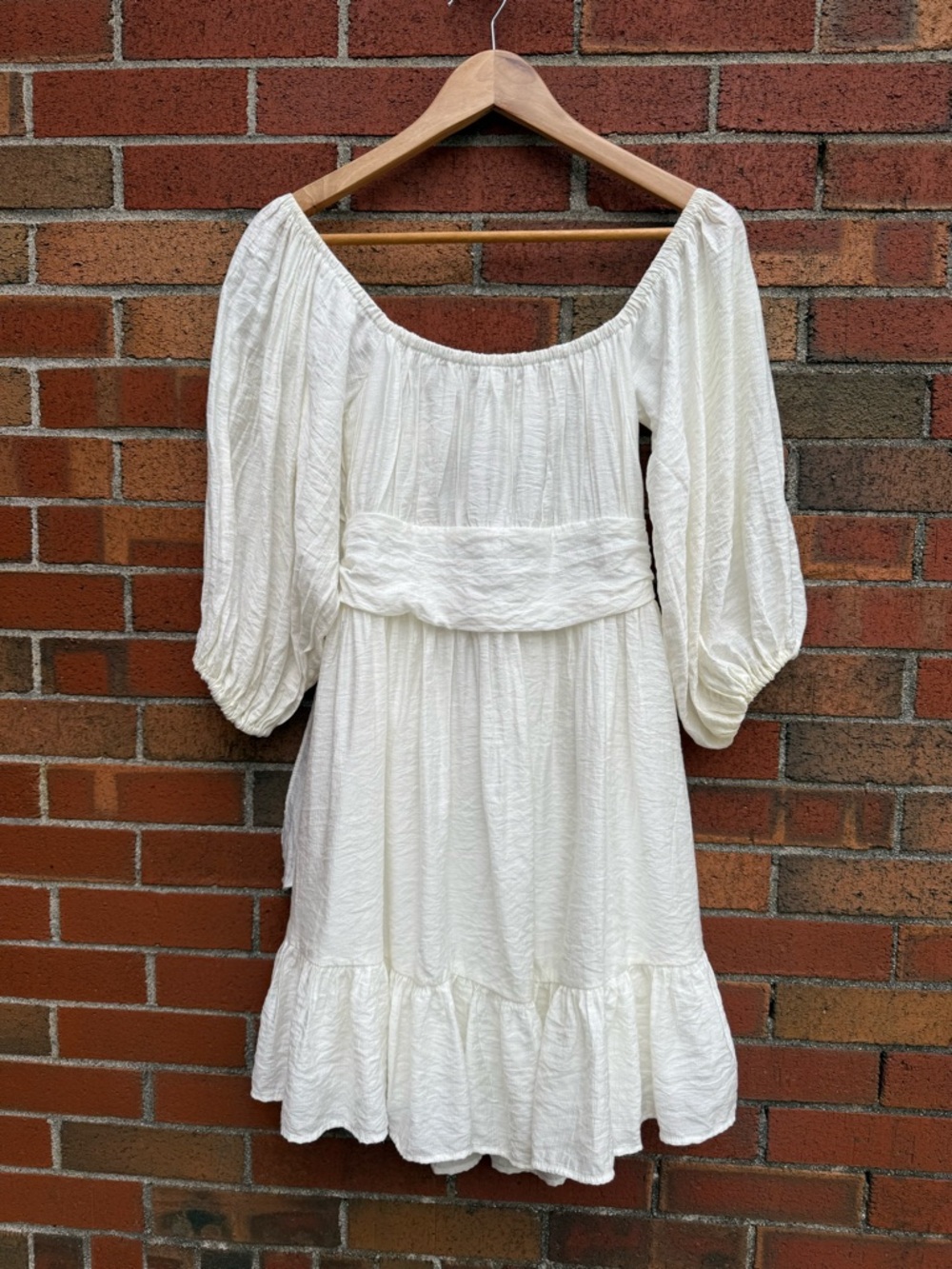 Selfie Leslie White Puff Sleeve Dress Open Back Bow Cottagecore Coastal Cowgirl